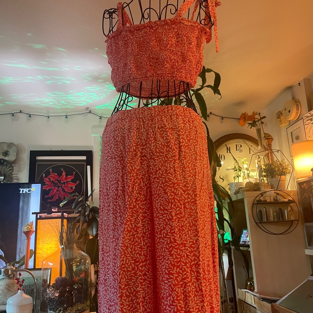 Women's Orange jumpsuit Two-Piece Set with ruffles on pants sides